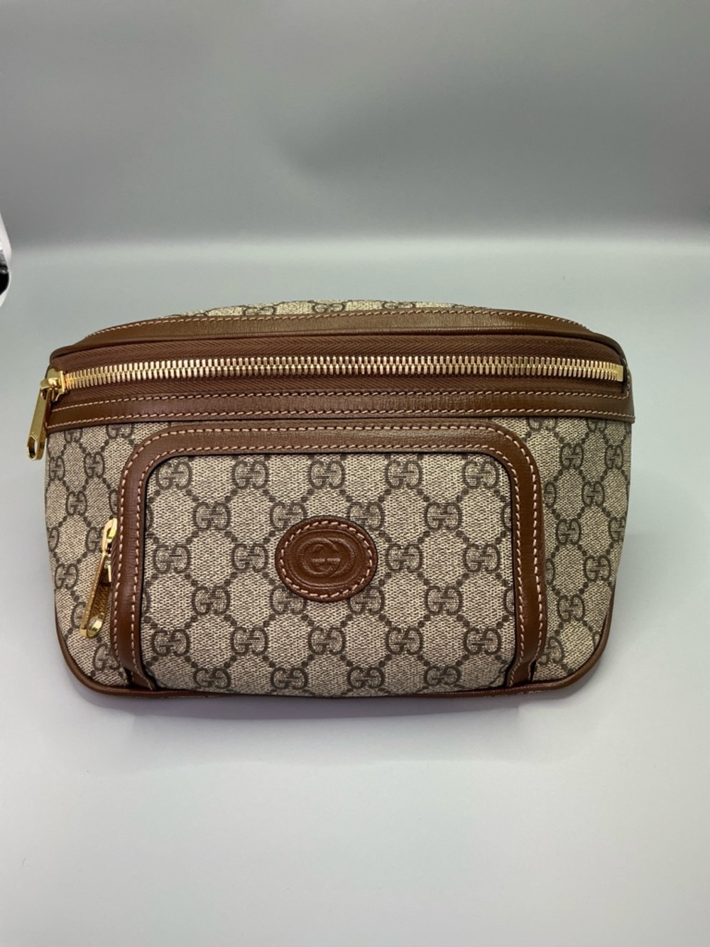 NWT Gucci Brown Logo Monogram Belt Bag with Gold Hard ware